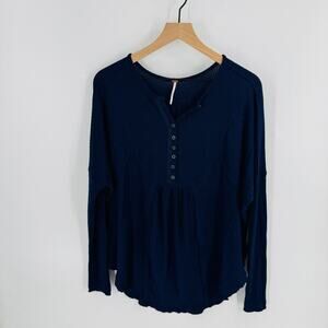 Free People Navy Blue Waffle Knit Oversized Henley Long Sleeve Top XS